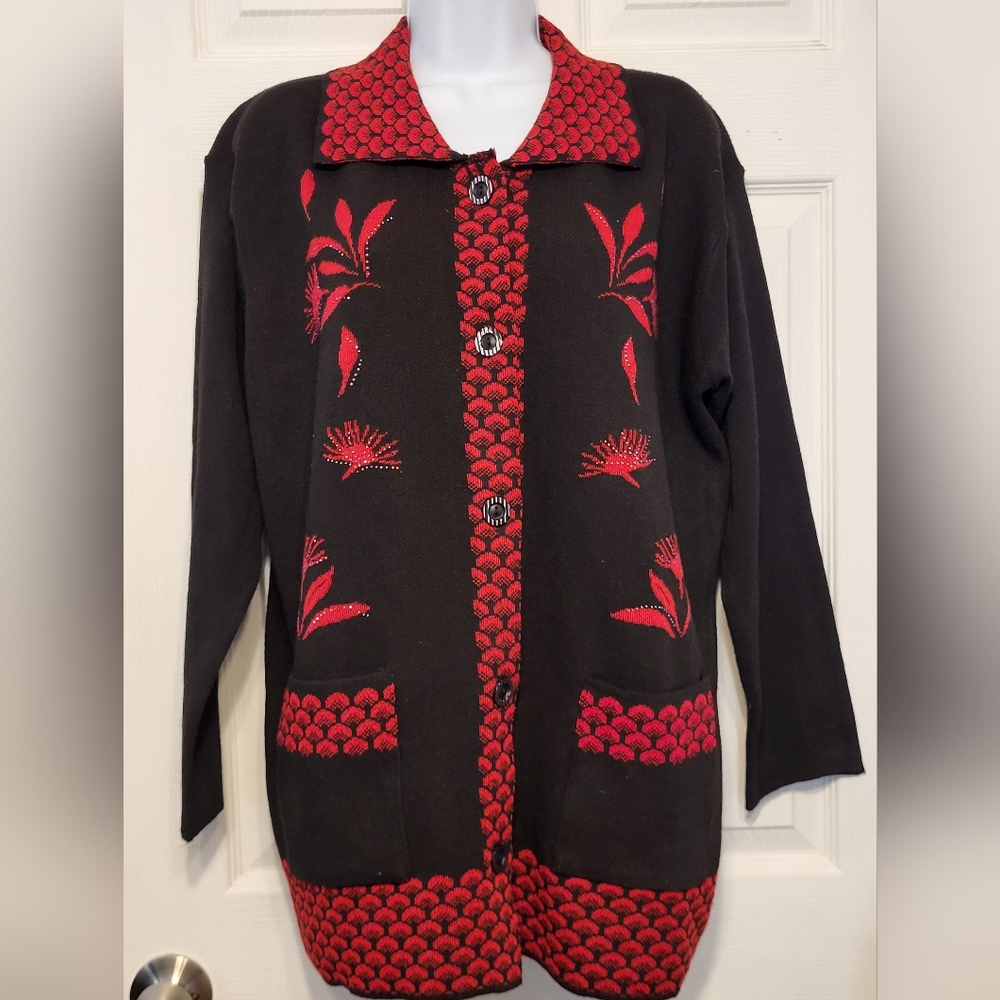 T-C Fashion Womens Black & Red Buttonup Dressy Sweater
